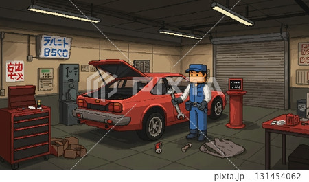 ドット絵風ガレージ。ボンネットを開けた赤いスポーツカーと整備士 ドット絵風ガレージ。ボンネットを開けた赤いスポーツカーと整備士 131454062