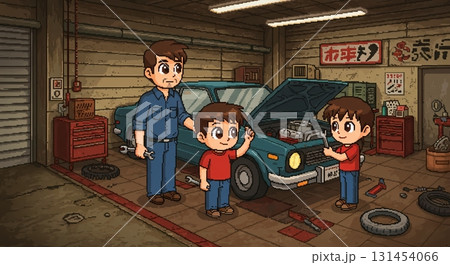 未来の整備士たち。車を囲む整備士と二人の子供のドット絵 131454066