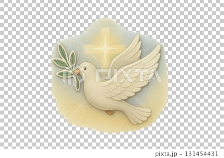 Dove with olive branch and cross symbolizing peace. Isolated png, religion theme 131454431