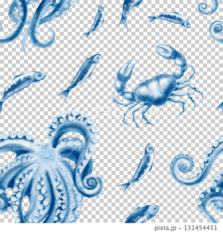 Stylized monochrome marine pattern featuring octopus,crab and sardines in blue and white.Watercolor seamless repeat design for textile printing,nautical paper goods,sustainable seafood packaging Stylized monochrome marine pattern featuring octopus,crab and sardines in blue and white.Watercolor seamless repeat design for textile printing,nautical paper goods,sustainable seafood packaging 131454451