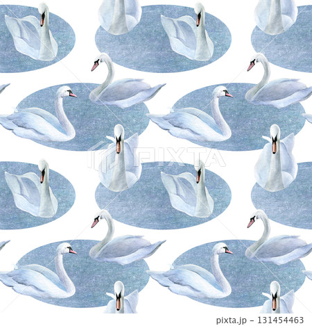 Watercolor seamless pattern with swans swimming in a pond. Good for postcards, wallpaper, invitations, greeting cards and textiles 131454463