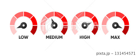 Speedometer icon. Low, medium, high and max speed. Fast internet concept. Rating meter performance concept. Indicator icon collection. Vector illustration. Speedometer icon. Low, medium, high and max speed. Fast internet concept. Rating meter performance concept. Indicator icon collection. Vector illustration. 131454571