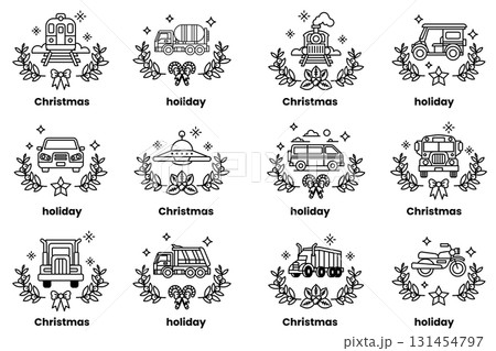 Set of illustrations in the concept of vehicles and Christmas holidays in line art style Set of illustrations in the concept of vehicles and Christmas holidays in line art style 131454797
