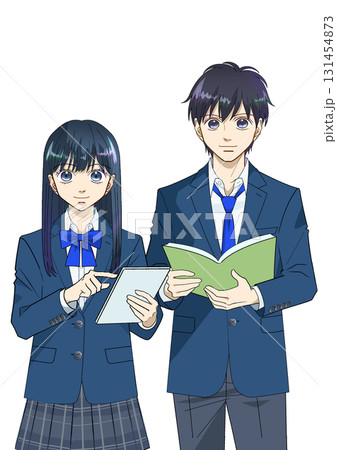 タブレットと本を持つ高校生または中学生の男女のアニメ風イラスト、白バック タブレットと本を持つ高校生または中学生の男女のアニメ風イラスト、白バック 131454873