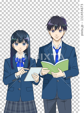 動漫風格的插圖,描繪了高中或初中男女學生拿著平板電腦和書籍,白色背景 動漫風格的插圖,描繪了高中或初中男女學生拿著平板電腦和書籍,白色背景 131454873