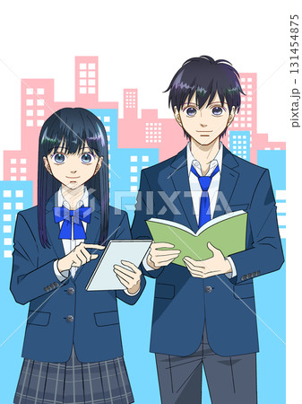 タブレットと本を持つ高校生または中学生の男女のアニメ風イラスト、街並み背景、白バック タブレットと本を持つ高校生または中学生の男女のアニメ風イラスト、街並み背景、白バック 131454875