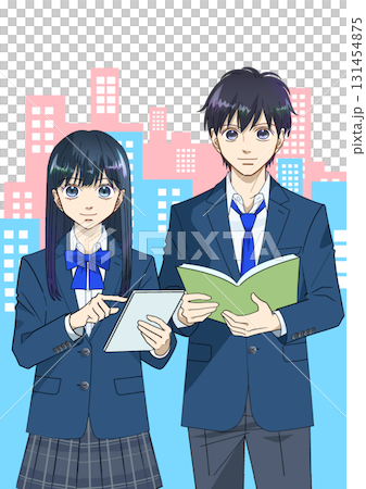 タブレットと本を持つ高校生または中学生の男女のアニメ風イラスト、街並み背景、白バック タブレットと本を持つ高校生または中学生の男女のアニメ風イラスト、街並み背景、白バック 131454875