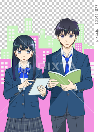 動漫風格的插圖,描繪了高中或初中男女學生拿著平板電腦和書籍,城市景觀背景,白色背景 動漫風格的插圖,描繪了高中或初中男女學生拿著平板電腦和書籍,城市景觀背景,白色背景 131454877