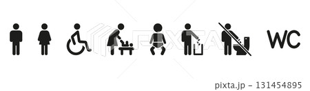 Restroom And Facility Sign Solid Icon Set. Universal Accessibility, Baby Changing And Waste Disposal Silhouette Symbol Collection. Public Convenience And Hygiene. Isolated Vector Illustration 131454895