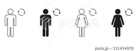 Male And Female Rotation Icon Set. Gender Change, Transformation, And Identity Shift Outline And Silhouette Symbol Collection. Human Figure With Arrows. Isolated Vector Illustration 131454970