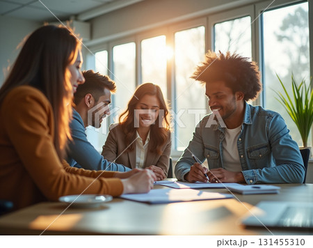 Diverse Business Team Collaborating Happily and Reviewing Documents During a Successful Meeting in a Sunlit Modern Office. Diverse Business Team Collaborating Happily and Reviewing Documents During a Successful Meeting in a Sunlit Modern Office. 131455310