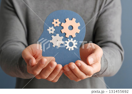 Human Head Silhouette with Gear Mechanism in Hands Human Head Silhouette with Gear Mechanism in Hands 131455692