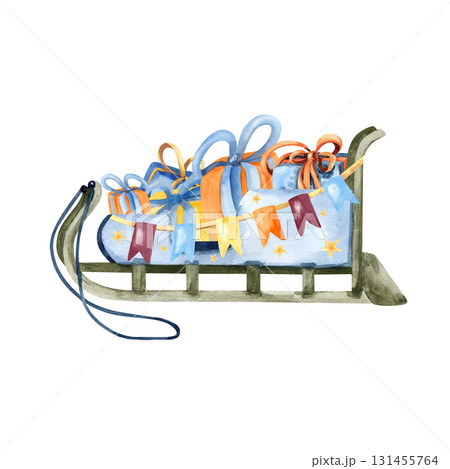 Christmas wooden sled with gift box. Watercolor winter sleigh, sledge, flag garland. Traditional vehicle of northern indigenous people. Isolated clip art. For card, children book design, new year Christmas wooden sled with gift box. Watercolor winter sleigh, sledge, flag garland. Traditional vehicle of northern indigenous people. Isolated clip art. For card, children book design, new year 131455764