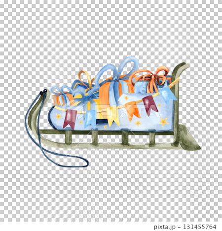 Christmas wooden sled with gift box. Watercolor winter sleigh, sledge, flag garland. Traditional vehicle of northern indigenous people. Isolated clip art. For card, children book design, new year 131455764