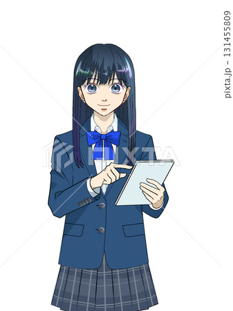 タブレットを使う女子高校生または中学生のアニメ風イラスト、白バック タブレットを使う女子高校生または中学生のアニメ風イラスト、白バック 131455809