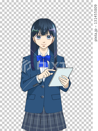 Anime-style illustration of a female high school or junior high school student using a tablet, white background Anime-style illustration of a female high school or junior high school student using a tablet, white background 131455809