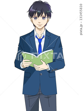 冊子を持つ男子高校生または中学生のアニメ風イラスト、白バック 131455810