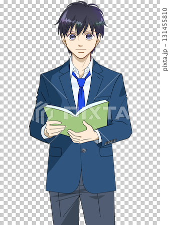 冊子を持つ男子高校生または中学生のアニメ風イラスト、白バック 131455810