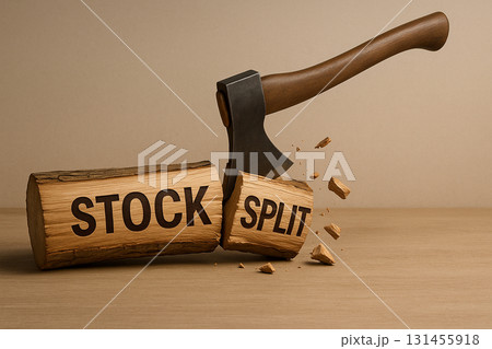 Axe Splitting Wooden Log with “STOCK SPLIT” Text Axe Splitting Wooden Log with “STOCK SPLIT” Text 131455918