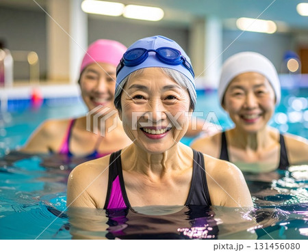 スイミングスクールに通う白髪のシニア女性の笑顔 生成AI画像 スイミングスクールに通う白髪のシニア女性の笑顔 生成AI画像 131456080