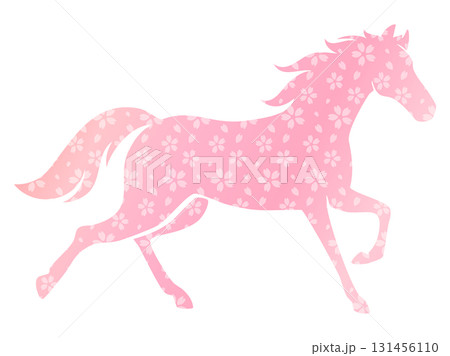 走る馬のシルエット、午年の年賀状素材、干支の挿し絵、ピンクの和柄 走る馬のシルエット、午年の年賀状素材、干支の挿し絵、ピンクの和柄 131456110