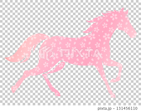 走る馬のシルエット、午年の年賀状素材、干支の挿し絵、ピンクの和柄 走る馬のシルエット、午年の年賀状素材、干支の挿し絵、ピンクの和柄 131456110