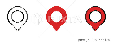 Circular Navigation Pin Pixelated Icon Set. Pixel Art Symbol Collection of Rounded GPS Marker Location Tag. Isolated Vector Illustration 131456180