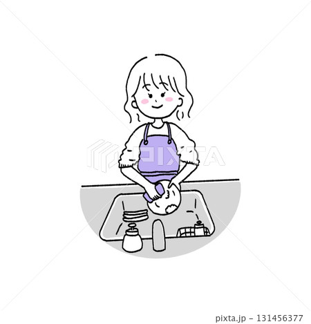 お皿洗いをする　女の子　イラスト 131456377