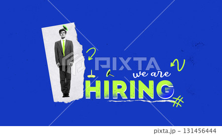 We are hiring poster with candidate standing next to announcement We are hiring poster with candidate standing next to announcement 131456444