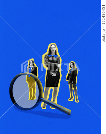 Creative collage. Magnifying glass selecting confident businesswoman for recruitment campaign 131456451