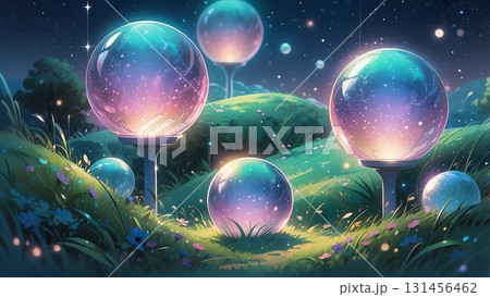 ゲーム背景 キラキラ透明なガラスのような地球をイメージした球体がある風景 ゲーム背景 キラキラ透明なガラスのような地球をイメージした球体がある風景 131456462