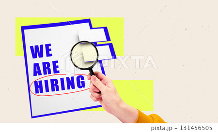 Hiring poster with magnifying glass highlighting recruitment text Hiring poster with magnifying glass highlighting recruitment text 131456505