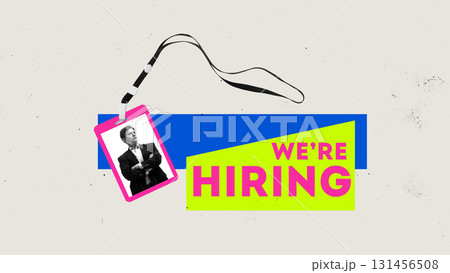 Minimal hiring poster with male ID card and neon typography Minimal hiring poster with male ID card and neon typography 131456508