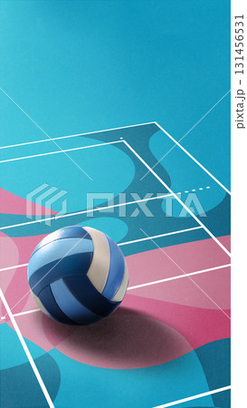 Graphic composition. Large volleyball on abstract colorful marked court 131456531
