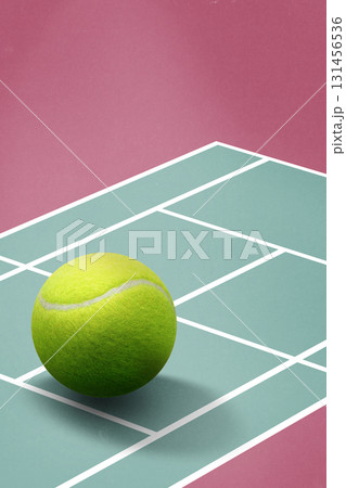 Trendy collage. Massive tennis ball on green marked court on pink background 131456536