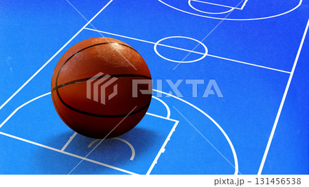 Minimalist digital collage. Large basketball on blue marked court 131456538
