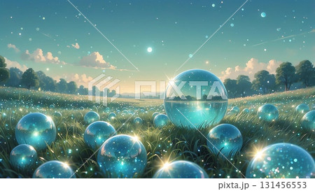 ゲーム背景　キラキラ透明なガラスのような地球をイメージした球体がある風景 131456553