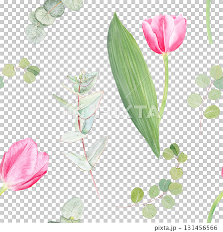 Pink tulips with eucalyptus leaves watercolor seamless pattern isolated on white background. Ideal for textile prints, gift wrapping, wallpapers, wedding stationery, and botanical surface design Pink tulips with eucalyptus leaves watercolor seamless pattern isolated on white background. Ideal for textile prints, gift wrapping, wallpapers, wedding stationery, and botanical surface design 131456566