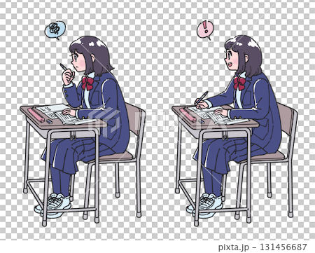 身穿制服的女學生在書桌前學習的全身插圖 - 了解版本和不了解版本 身穿制服的女學生在書桌前學習的全身插圖 - 了解版本和不了解版本 131456687