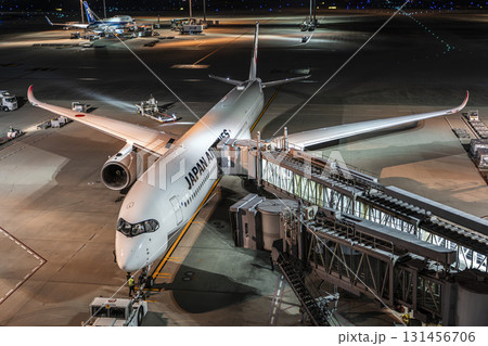 夜の羽田空港　駐機中の飛行機　東京都大田区 131456706