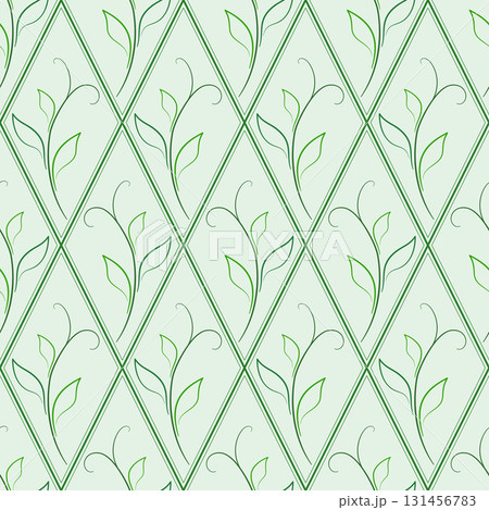 Green seamless pattern of silhouettes leaves and rhombic lattice. Soft green colors. Delicate spring vintage background. Young curved shoots of leaves 131456783