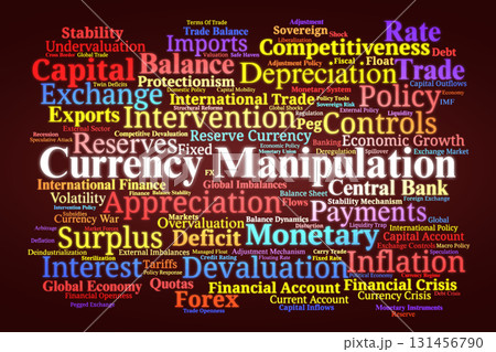 Currency Manipulation Word Cloud. Key Concepts On Exchange Rates, Monetary Policy, Global Trade, Deficits, Surpluses, And International Financial Stability. 131456790
