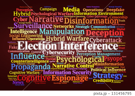 Election Interference Word Cloud. Key Concepts On Democracy, Fraud, Propaganda, Cybersecurity, Foreign Influence, And Global Threats To Electoral Integrity. Election Interference Word Cloud. Key Concepts On Democracy, Fraud, Propaganda, Cybersecurity, Foreign Influence, And Global Threats To Electoral Integrity. 131456795