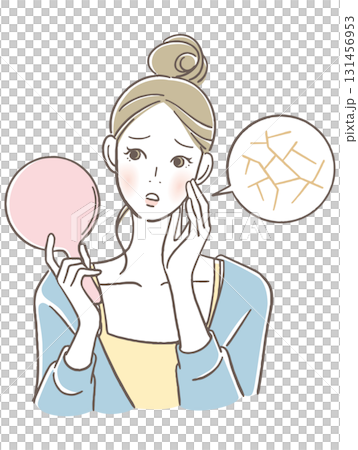 Woman looking into a hand mirror 131456953