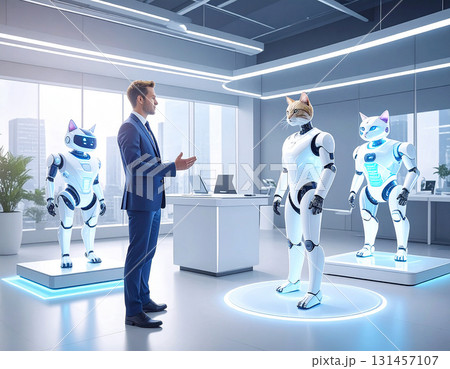 未来のパートナー：人型ネコ型ロボットとビジネスマンが対話するAIコンサルティングの光景 131457107