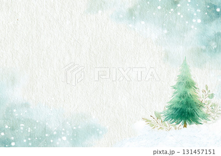 冬の雪景色とツリーの水彩背景素材　淡い色合いのナチュラルなクリスマスフレーム 131457151