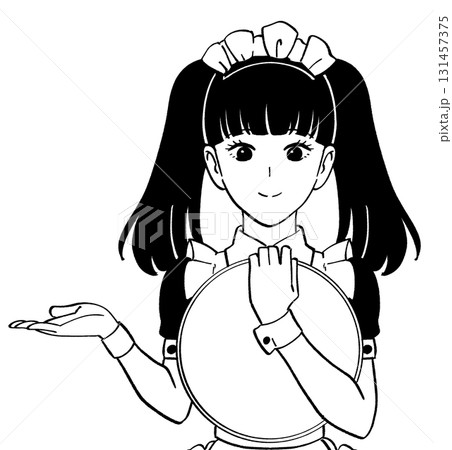 メイドカフェへ案内する女の子の白黒イラスト メイドカフェへ案内する女の子の白黒イラスト 131457375