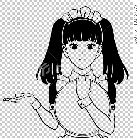 メイドカフェへ案内する女の子の白黒イラスト メイドカフェへ案内する女の子の白黒イラスト 131457375