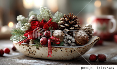 Christmas cornucopia concept. Festive Christmas centerpiece with pinecones, red berries, and poinsettia in rustic bowl, creating cozy holiday atmosphere 131457383