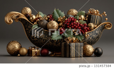 Christmas cornucopia concept. Elegant decorative bowl filled with gold and red ornaments, holly leaves, and berries, surrounded by wrapped gifts 131457384
